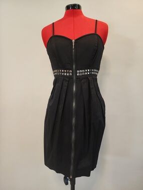 ​VTG Kouture by Kimora Black Studded Full Zip Mini Dress Pleated Tulip Skirt Y2K
